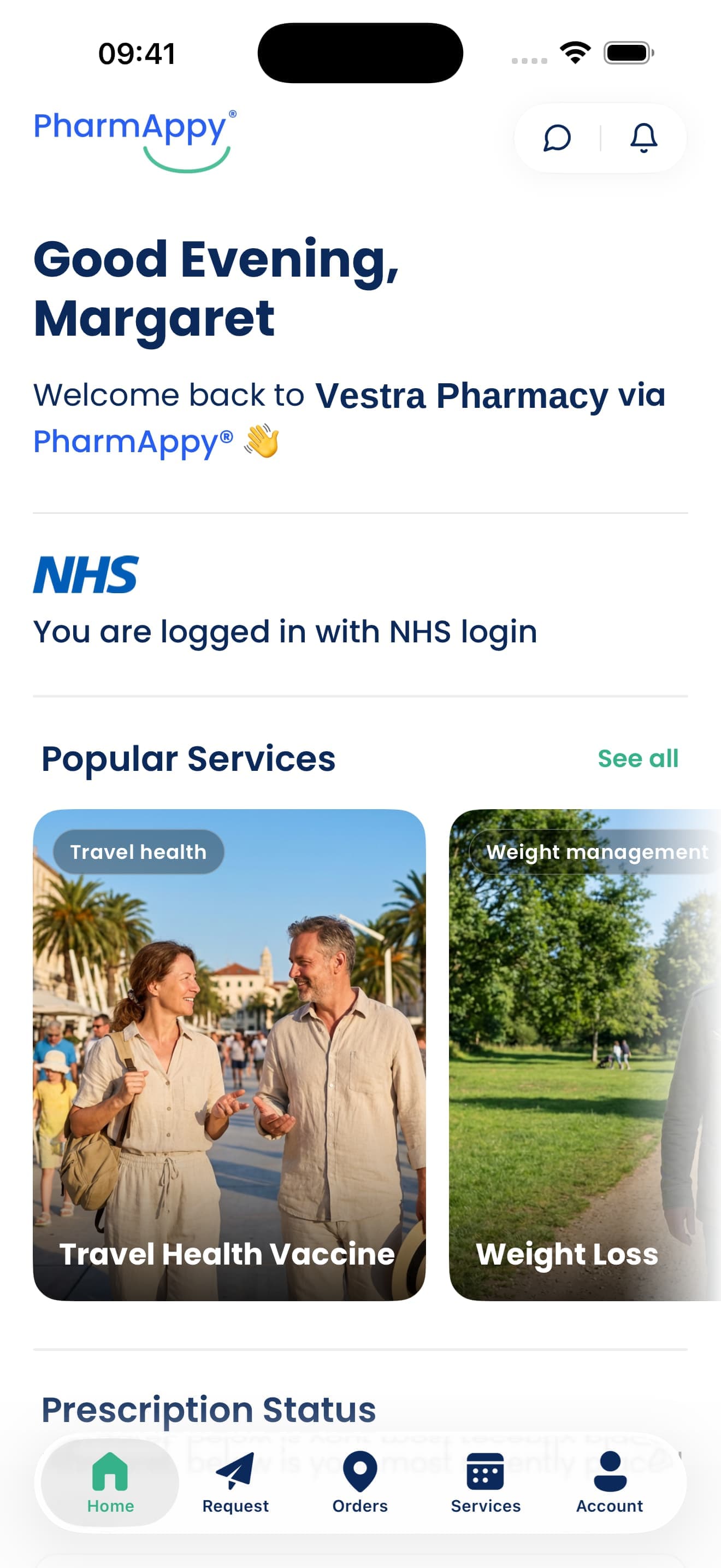 The TEST-with-app app, showing prescriptions and services