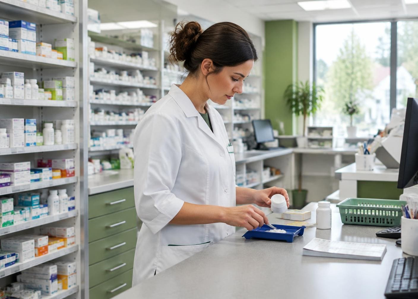 Illustrative pharmacist working in a dispensary